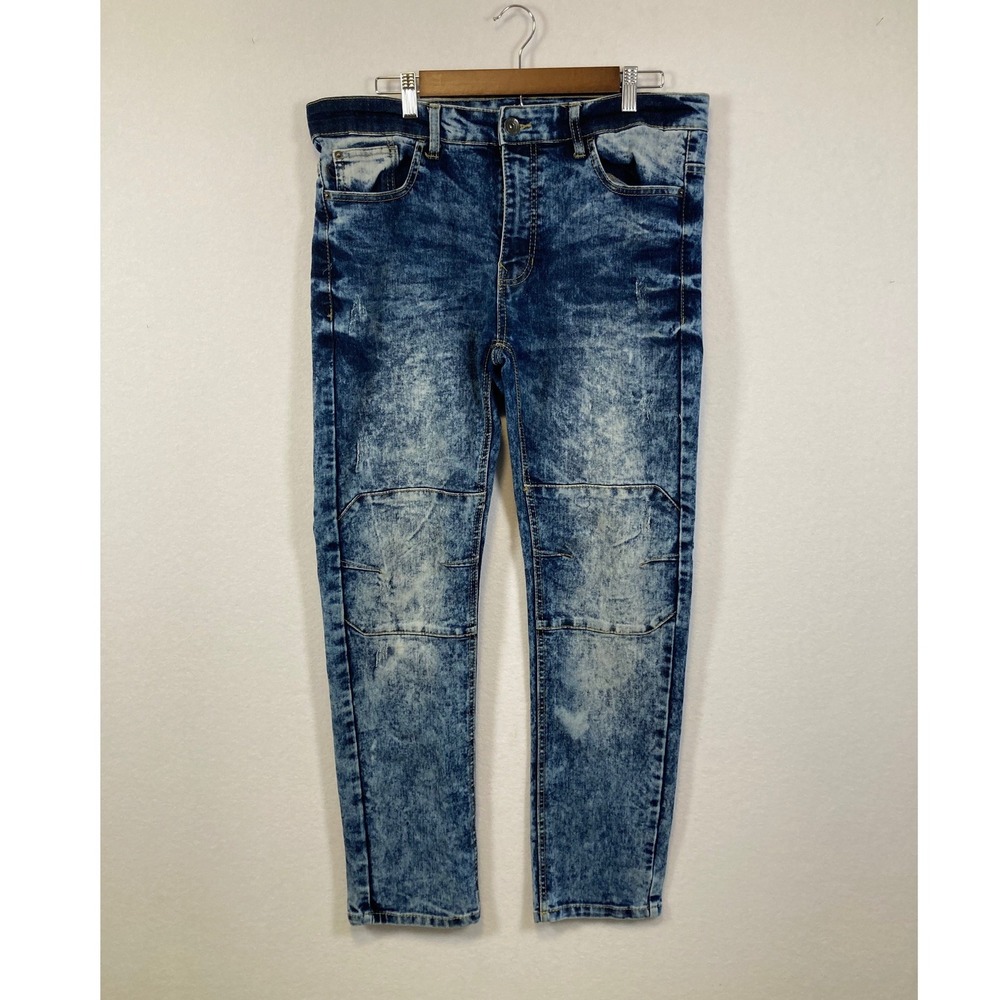 WT02 Men's Blue Acid‎ Wash Moto Jeans 34x30 RN 82628